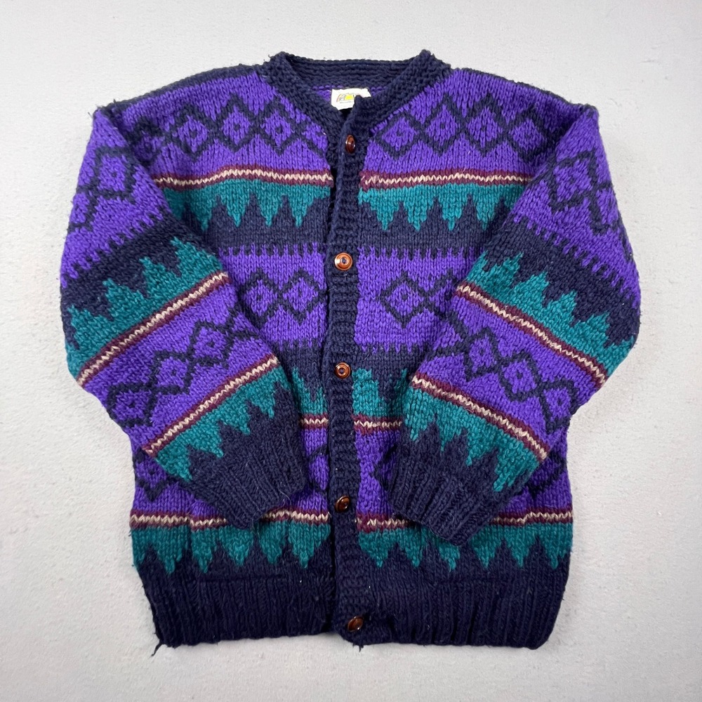 Rainbow Crafts Cardigan Mens L Purple Merino Wool Geometric Knit Ecuador Boho